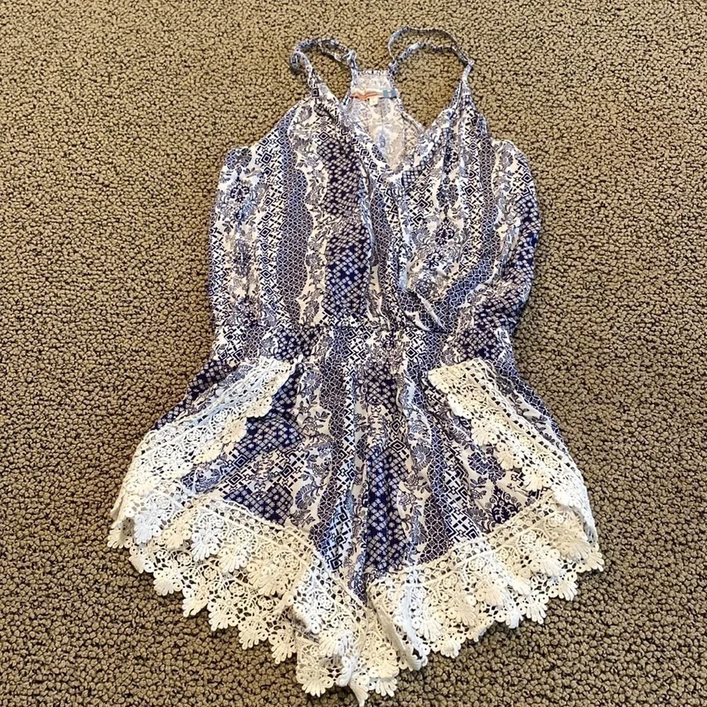 Vintage Havana Blue & White Romper w/ Lace Size Girls Large (14) Like New